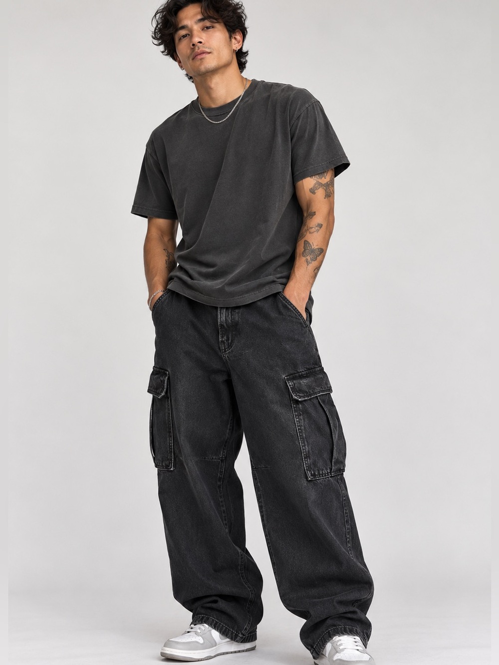 H&M Men’s Baggy Fit Black Cargo Jeans 34x32 Y2K